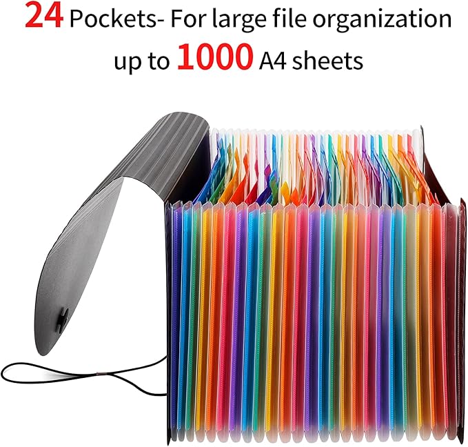 Uquelic Large Accordion File Organizer, Legal Size File Folder with 24 Pockets, Plastic Expanding File Organizer, Color Index& Elastic Strap for Legal/Letter/A4 Size Papers(Black)