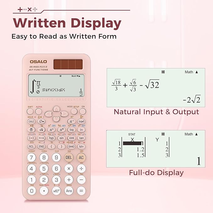 OSALO Scientific Calculator 417 Function 2 Line Written Display 10+2 Digits Solar and Battery Calculators for Students Secondary School College Pink (OS 991ES II)