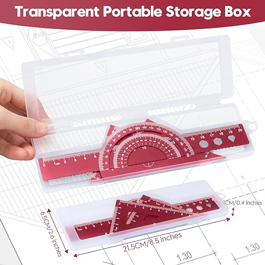 MSDADA Triangle Ruler and Protractor Set, 4 Pieces Aluminum Alloy Ruler Kit, Geometric Protractor for Student, School, Home, Office (Red, 20cm/7.87inch)