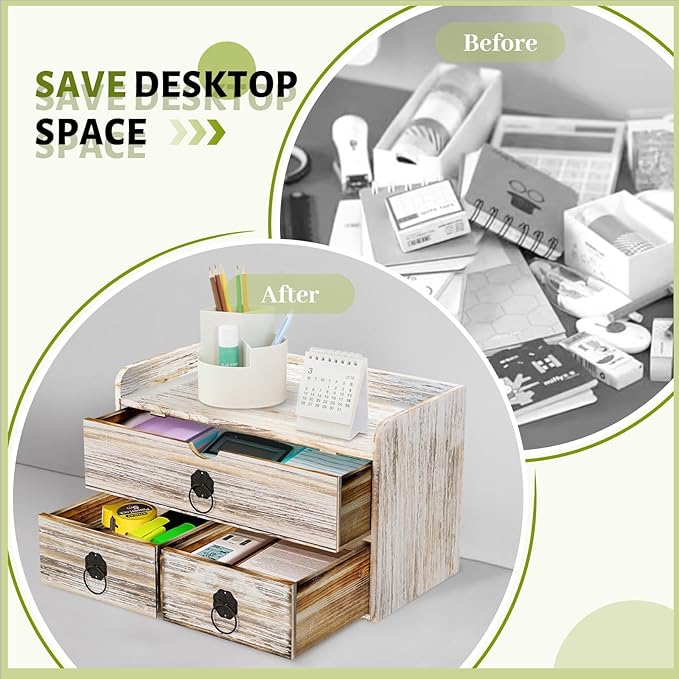 Vintage Wood Desk Organizer, Small Desk Organizer with Drawers, Tabletop Storage Organization Box for Office Home Toiletries Supplies, No Assembly Required (3 Drawer and Shelf)