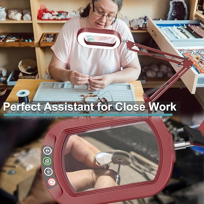 10X Rectangle Magnifying Glass with Light, 5 Color Modes Stepless Dimmable Magnifier with Stand, LED Lighted Clamp Desk Lamp with Swing Arm, Hands Free for Reading Painting Close Work - Red