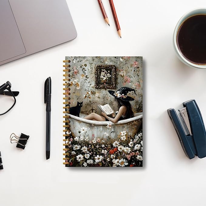 Witchy Notebook, Vintage Floral Black Cat Witch Journal Notebook, Dark Academia Gothic Notebook Journal, Witch Gifts, Witchy Gifts for Women, Goth Office Supplies, Spiral Notebook 5.5x8.3 Inch
