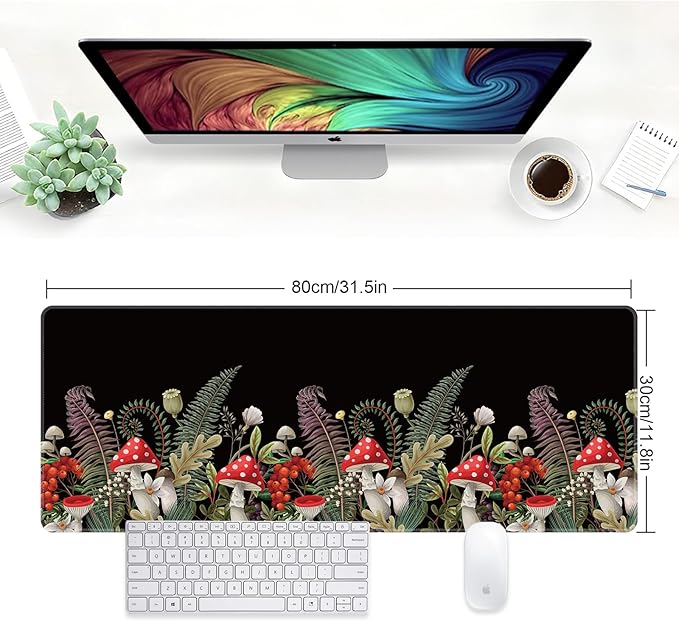 Large Desk Mat, Desk Matt for Desktop, Computer Gaming Mouse Pads, Anti-Slip Rubber Base, Stitched Edges Soft Mat for Desktop Office Home 31.5 x 11.8 Inches (Mystical Mushroom)