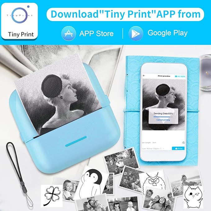 HuiJuKeJi Mini Sticker Printer Bluetooth Smart Pocket Inkless Thermal Printer with 11 Rolls Thermal Paper and Sticker for iOS&Android, Portable Receipt Printer for Photo Journal Notes Memo