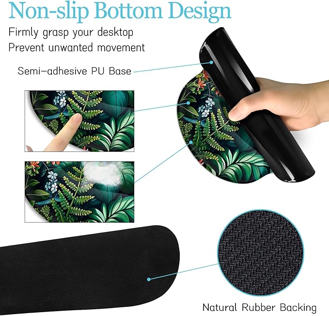 Floral Mouse Pad Large Desk Mat Set, Green Ergonomic Mouse Pad with Wrist Rest Keyboard Wrist Support XXL Mousepad Cup Coaster Set, Cute Green Office Desk Accessories Decor Supplies
