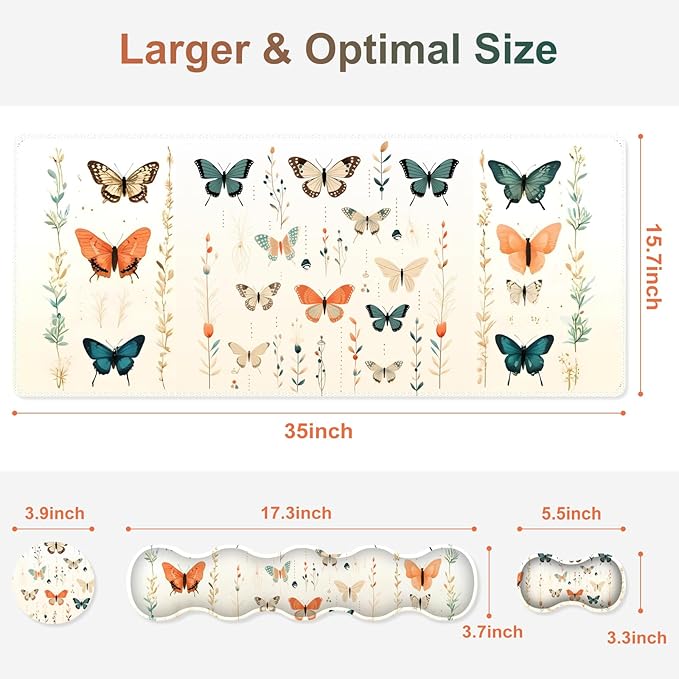 Desk Mat Gaming Mouse Pad, Cute Desk Matt Keyboard Wrist Rest for Desktop, Anti-Slip Mousepad with Stitched Edges, XXL Large Mouse Pad with Wrist Support for Desk Computer I Beige Buttefly