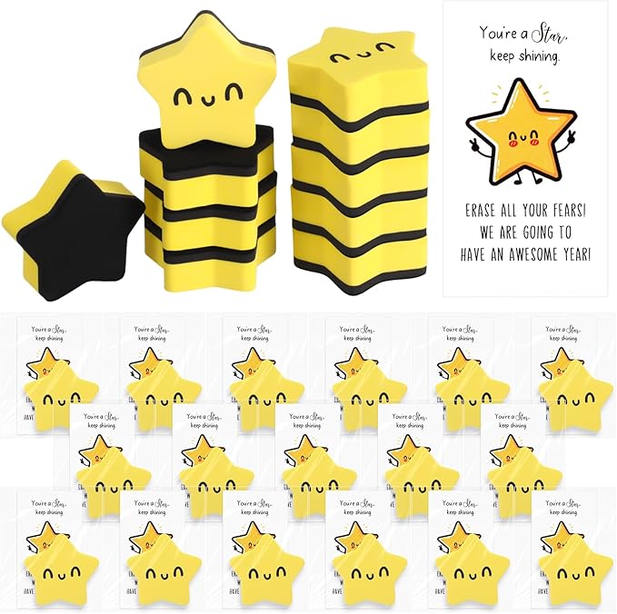 Lincia 24 Sets Smile Face Magnetic Dry Erase Whiteboard Erasers with Motivational Cards and Bags Gifts Bulk for Classroom Prize Teachers