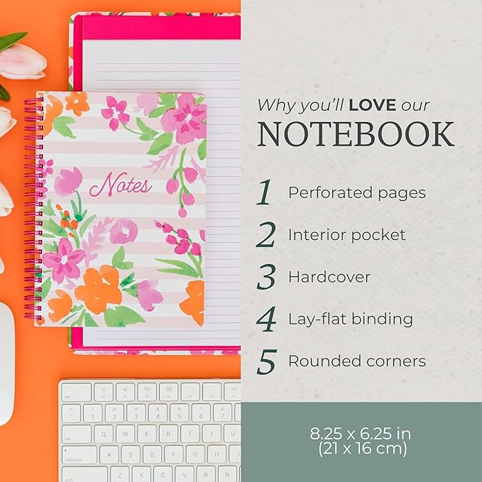 Steel Mill & Co Cute Mini Spiral Notebook, 8.25" x 6.25" Journal with Durable Hardcover and 160 Lined Pages (Watercolor Flowers)