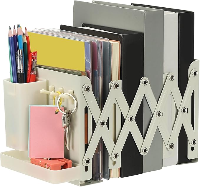 PATIKIL Adjustable Book Ends, 6.5" Tall Heavy Duty Metal Adjustable Bookends Book Holders Organizer with Removable Pen Holder Tray and 3 Hook-up for Heavy Books Desk Office Home, White