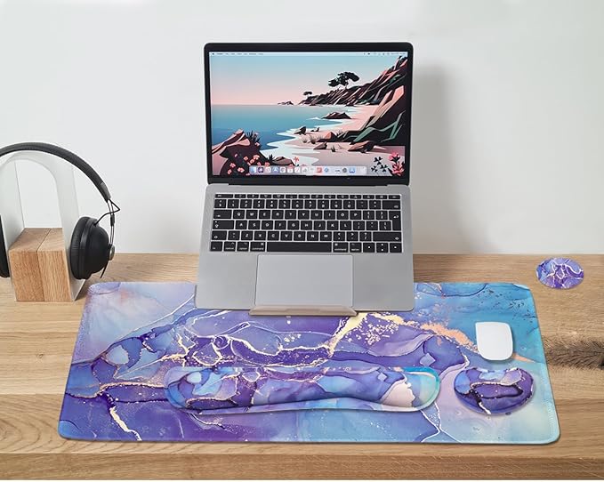 4-in-1 Large Mouse Pad, Keyboard Wrist Rest Pad & Wrist Support Mousepad Set, Extended Desk Pad Waterproof Desk Mat for Home Office Study Game