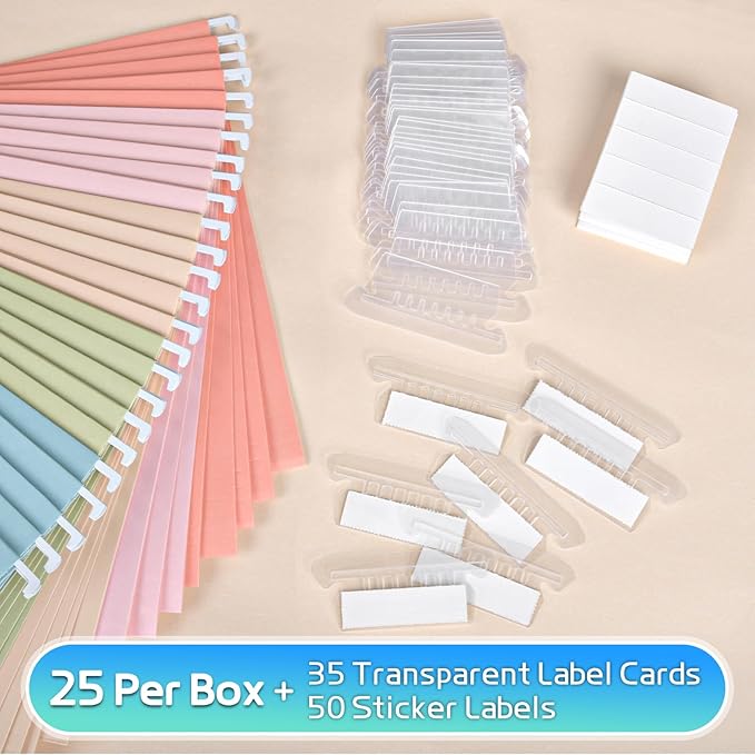 25-Pack Pastel Hanging File Folders, Letter Size (8.5"x11") with 1/5-Cut Tabs,25 Transparent Label Cards, 25 Sticker Labels–Home Office & Filing Cabinets