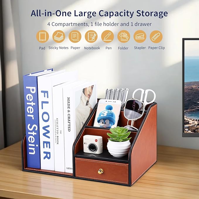GORESE PU Leather Desk Organizer with Magazine File Holder, Drawer and 4 Compartments, Office Workspace Organizers and Accessories, Large Desktop Organization with File Rack Pen Holder - Tan Brown