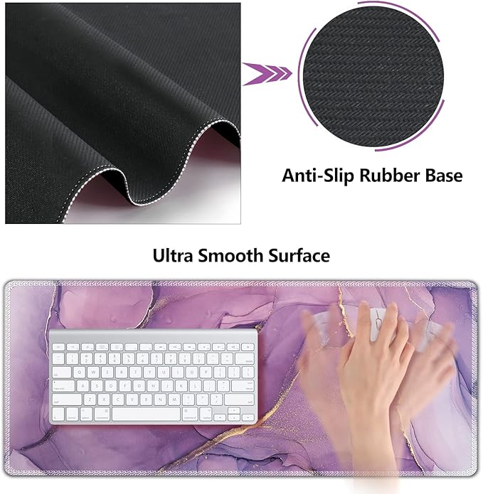 AIMSA Large Gaming Mouse Pad Set, Keyboard Wrist Rest Support Mouse Pad, Ergonomic Memory Foam Multifunctional Extended Desk Mat 35x15.7in Anti-Slip Rubber Base for Office Home, Purple Marble