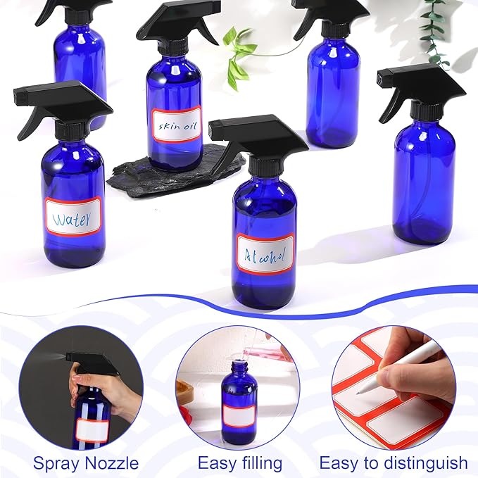 Norme 24 Pcs Glass Spray Bottles with Funnels and Labels 8 oz Refillable Cosmetic Empty Spray Containers with Trigger Squirt Containers for Essential Oil Cleaning Solutions(Blue)