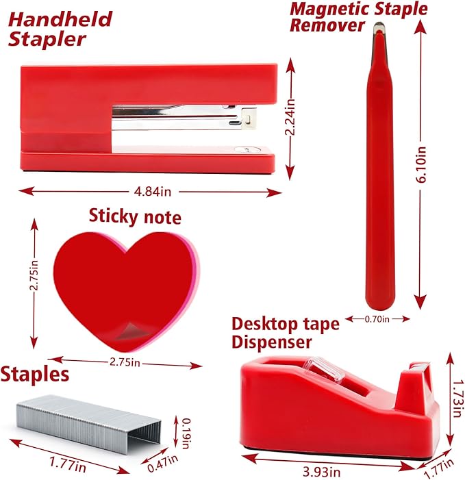 Red Desk Accessories, Red Office Supplies,Stapler and Tape Dispenser Set, Red Desk Accessory Kit, Gift for Students, Women, Coworkers, Boss Lady, Office Clerks