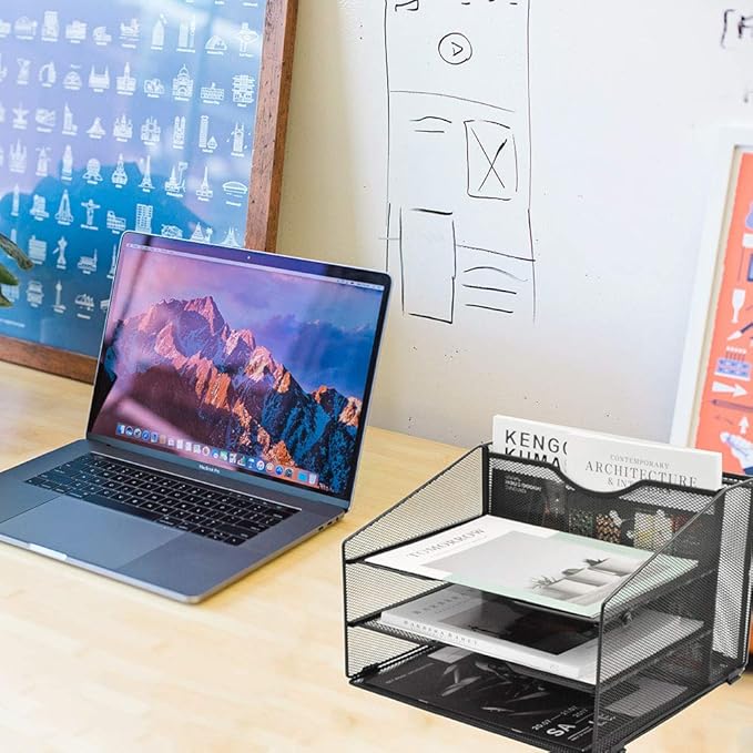EASEPRES Mesh Desktop File Organizer, Document Mail Desk Folder Holder with 3 Paper Letter Tray and 1 Vertical Upright Compartment for Office Supplies, Desk Accessories & Workspace, Black
