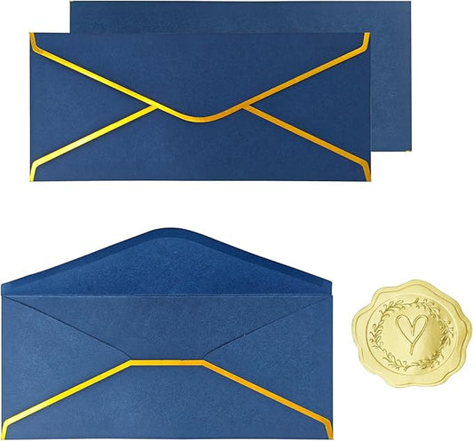 30 Pack #10 Business Envelopes with Gold Border and Stickers, 9.49x4.13 Inch Self Seal Standard Envelopes for Office, Letters, Checks, Invoices, Documents (Navy Blue)
