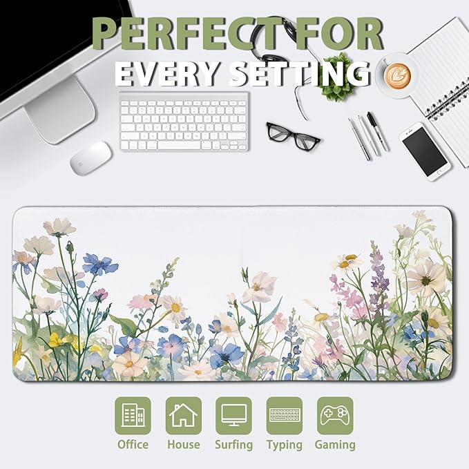 Flower Mouse Pad Large, Gaming Mousepads, Full Bloom ElegantFloral Computer Desk Pad with Stitched Edges Non Slip, Birthday Gifts for Women, Desktop Decor Mat for Keyboard and Mouse 11.8”x 31.4” XL