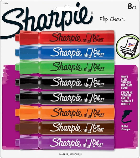 Sharpie Flip Chart Markers, Bullet Tip, Assorted Colors, 8 Count - Low-Odor, Squeak-Free, Home, Office, Back to School, Teacher Supplies