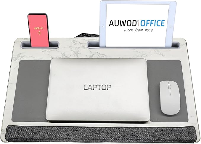 Extra Large Lap Laptop Desk- Home Office Portable LapDesk with Mouse Pad & Wrist Rest for Notebook/MacBook/Tablet, Sofa Bed Working, Writing, Drawing (White Marble, Fit Up to 17-inch Laptops)