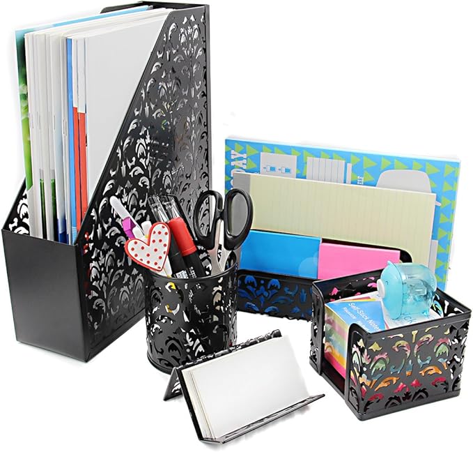EasyPAG Desk Organizer Set - Pencil Holder Letter Sorter File Holder Business Card Holder and Sticky Note Holder, Black