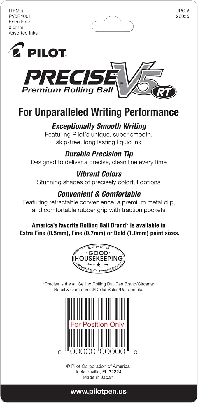Pilot Precise V5 RT Refillable & Retractable Rolling Ball Pens, Extra Fine Point Pens, 0.5 mm, Black/Blue/Red/Green, Pack of 4 - Ideal for School, Journaling & Office Writing
