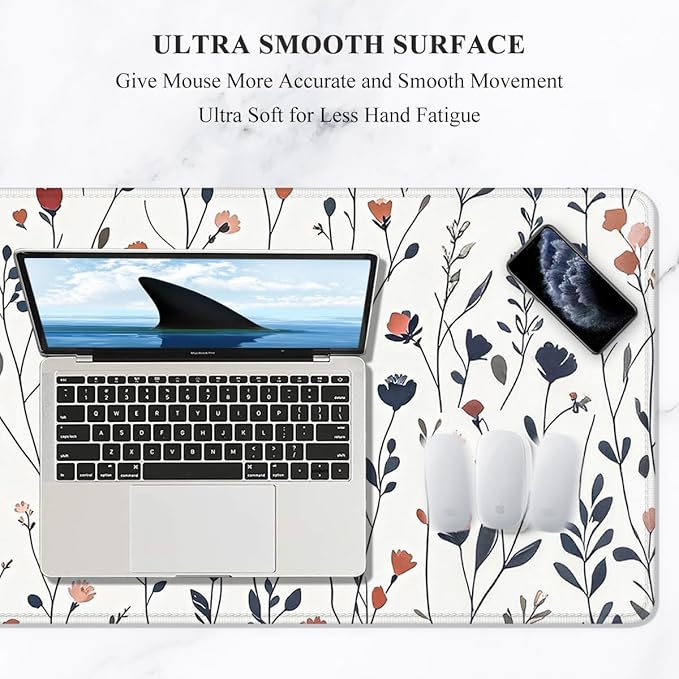 Auhoahsil Desk Mat, Ultra Large Mouse Pad, XXL Gaming Mousepad, Pretty Desk Pad, Big Extended Full Size Desktop Desk Matt for Keyboard, Laptop & Computer, 35.5 x 15.7 in, White Flowers
