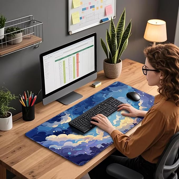 Blue Nebula Aesthetic Large Gaming Mouse Pad 31.5"x15.7"｜XXL Desk Mat, Non-Slip Rubber Base & Stitched Edges - Extended Waterproof Mousepad for PC/Laptop/Office/Home Decor