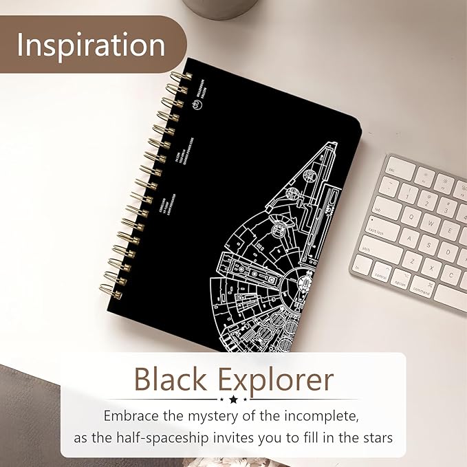 Cute Spiral Notebook journal A5 Aesthetic Pretty Floral Design for Women Girls Kawaii with Pocket, 8.5 x 5.7 inch, Black Gear