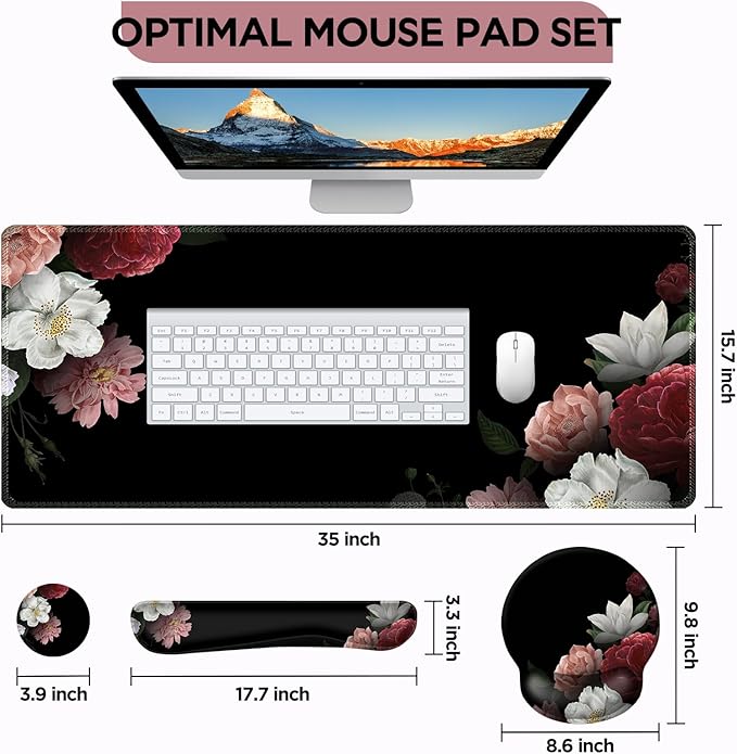 AIMSA Mouse Pad,Large Black Desk Mat, XXL Mousepad+Keyboard Wrist Rest+Ergonomic Mouse Wrist Rest+Coaster Set,4in1 Desk Pad for Home Office Table Computer-Vintage Flower