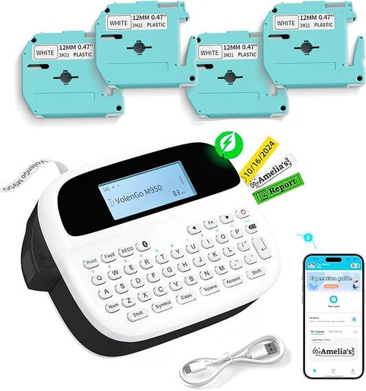 M950 Label Maker Machine with 4 Tapes, Rechargeable Backlit Labeler, Inkless Bluetooth Labeling Machine, Handheld Label Printer Bundle for Home Kitchen Food Labels