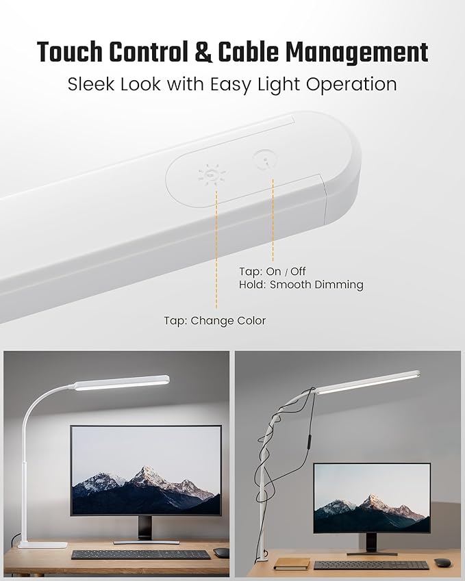 SUPERDANNY Eye-Caring LED Desk Lamp with Base 360° Flexible Gooseneck Work Lamp Touch Control 3 Light Colors Smooth Dimming Task Lighting Reading Light for Home Office College Dorm, White