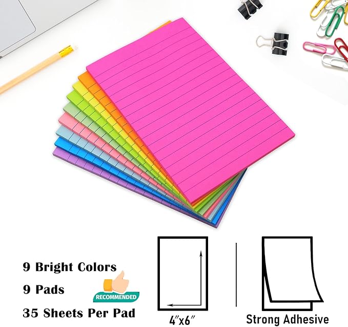 9 Pack Lined Sticky Notes 4x6 in Post Sticky Notes with Lines, 9 Bright Colors Self Sticky Notes Pad Its, Large Ruled Sticky Note for Office, Home, 35 Sheets/Pad