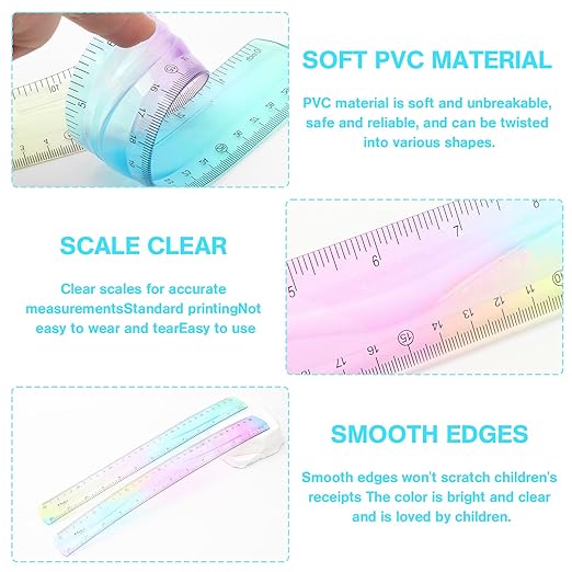 2 Pcs Flexible Ruler, 12 Inch Bendable Ruler for Kids, Soft Plastic Ruler, Kids Ruler for School, Gradient Colored Flex Ruler, Soft Ruler for Kids, Students Classroom with Centimeter and Inch