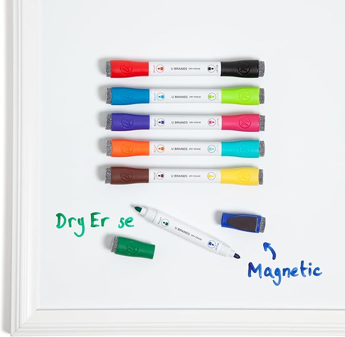 U Brands Fine Tip Dry Erase Markers with Eraser, Magnetic Double Ended Whiteboard Markers, Low Odor, Assorted Bright Colors, Set of 6