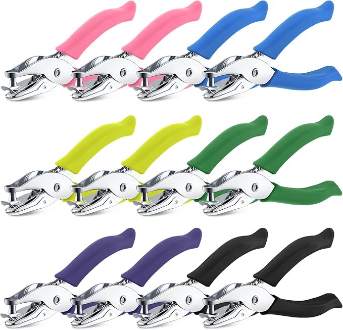 Chumia 12 Pieces Single Hole Punch Handheld 1/4 Inch Hole Paper Punch with Grip Handles Circle Single Shape Puncher for Craft Paper Greeting Cards Scrapbook Notebook (Bright Color)