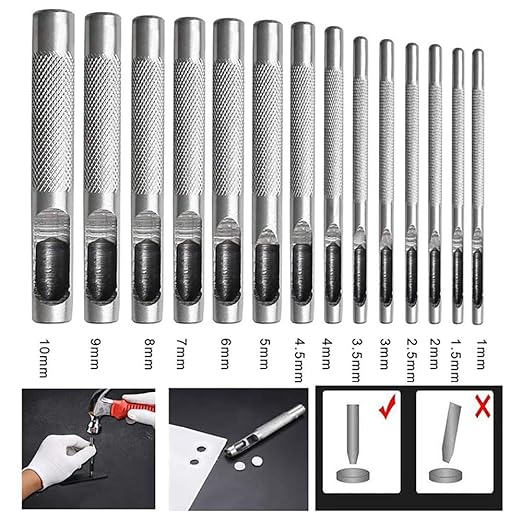 Leathe Punch Set Heavy Duty Round Hole Punch Set Leather Hole Tool,for Leather, Canvas (Silver, 12-pcs)