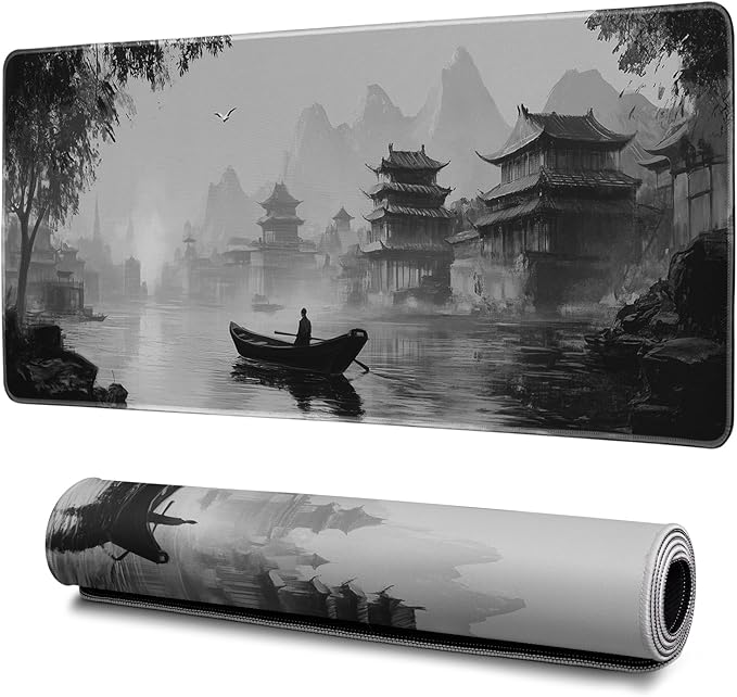 Japanese Ink Landscape Mouse Pad Abstract Black Mouse Pad 31.5x11.8 Inch LandscapeTexture Non-Slip Rubber Base Large Mousepad Stitched Edges Keyboard Mouse Mat Desk Pad for Office and Home