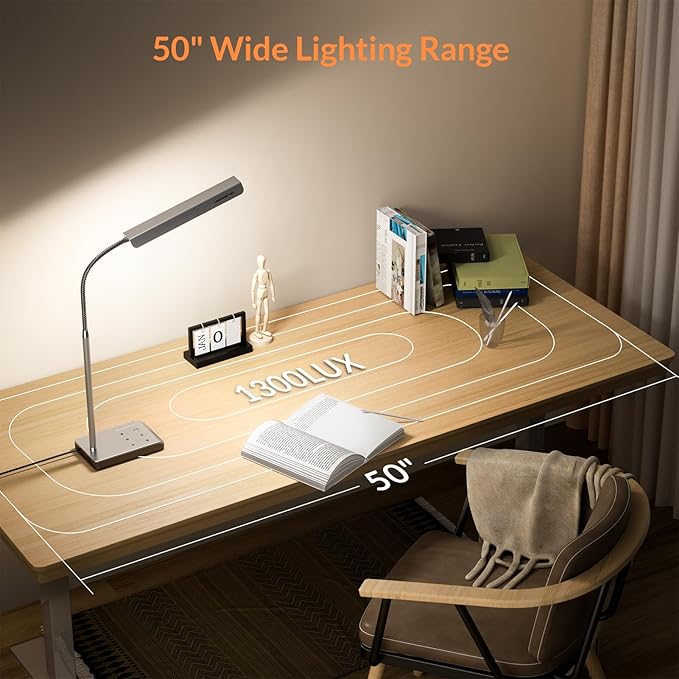 LEPOWER-TEC LED Desk Lamp, 12W Reading Desk Lamp for Office Home with 60 Lighting Modes, Touch Control & Timer Function, 750LM Bright Eye-Caring Gooseneck Desk Light Table Lamp for Study, Work, Silver