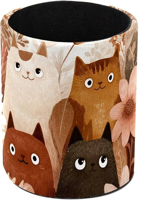 Leather Pen Holder for Desk Cute Colored Cats Pencil Cup Desktop Organizer Makeup Brush Holders Office Supplies for Home, Kids & School