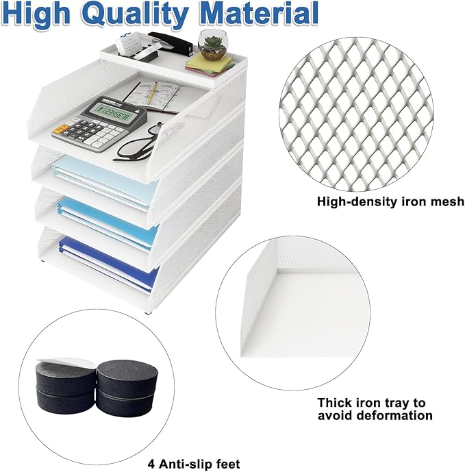 Natwind 4-Tier Stackable Paper Tray, Metal Mesh Desktop Organizer, Paper Sorter, Letter Trays,File Document Storage Rack for for Home, Office, School (White)