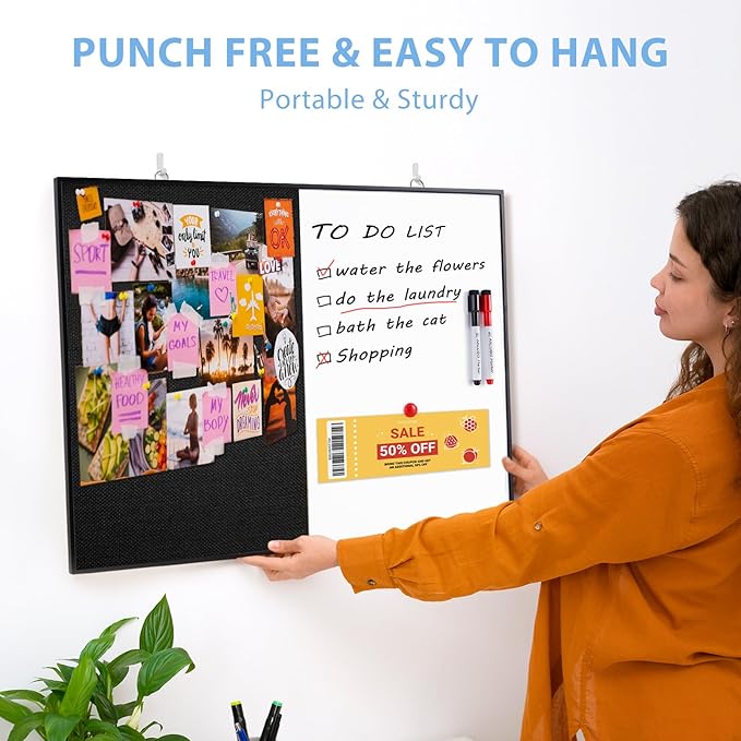 ARCOBIS Cork Board White Board Combo, 24"X18" Linen Bulletin Board Whiteboard for Wall, Double-Sided Magnetic Dry Erase Corkboard for Home, Office, School, Black