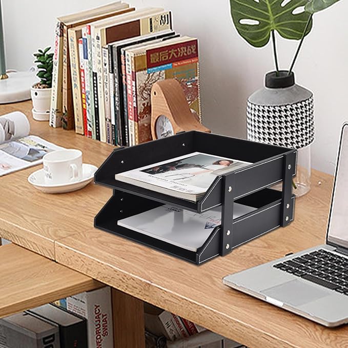 Leather Desk Organizer,2-Tier Stackable Letter Tray Holder,Office Supplies Desktop Storage Box for Document,Stationery,Magazines,Newspapers,Letters and Other Home Office Paper Sundries,Black