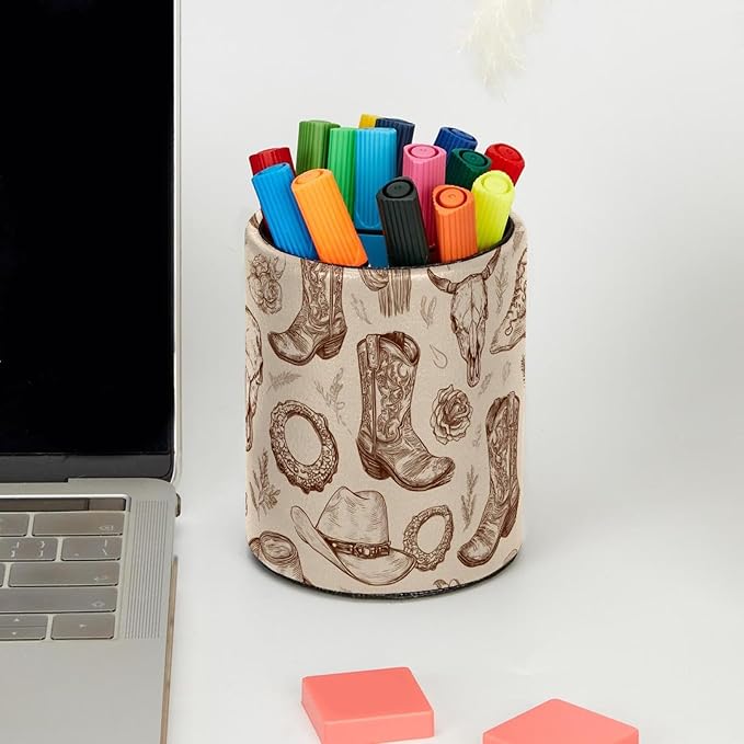 Western Cowboy Boots and Hats PVC Leather Circular Pencil Holder for Desk Organizer Stationery Holder for Office, School(3.9 x 3.1 Inches)