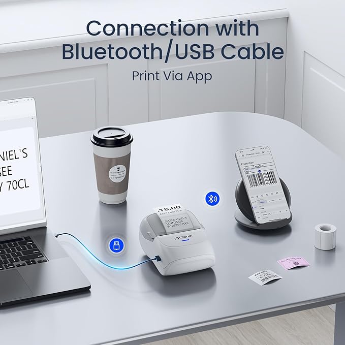 CLABEL Thermal Label Maker Machine: 221B Mini Sticker Printer Barcode Printer Inkless Label Printer Compatible with Clothing Price Labeling with 1 Roll of 50x30mm Label(Gray White)