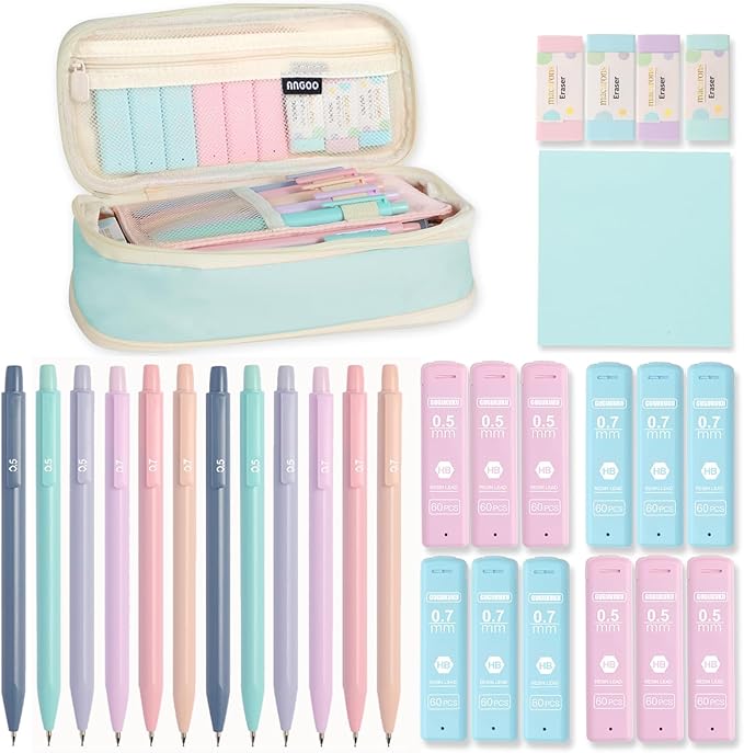 Mechanical Pencil Set with Cute Pencil Case, 12x Pastel Mechanical Pencils 0.5 & 0.7mm with 720x HB Leads, 4x Erasers and 1x Sticky Note, Suitable for Writing, Drafting Drawing Sketching(blue)