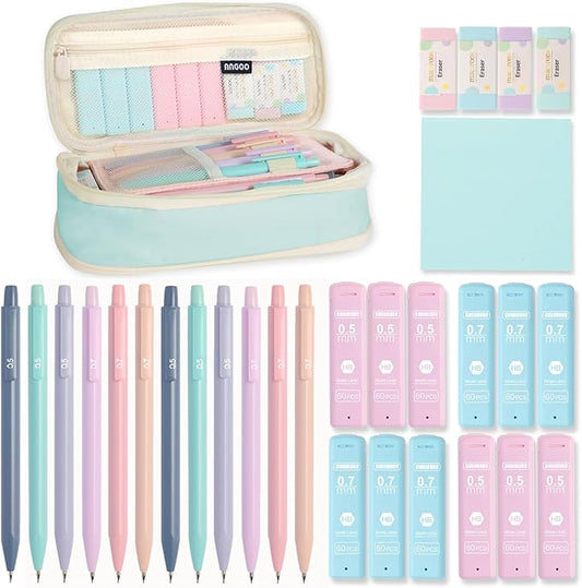 Mechanical Pencil Set with Cute Pencil Case, 12x Pastel Mechanical Pencils 0.5 & 0.7mm with 720x HB Leads, 4x Erasers and 1x Sticky Note, Suitable for Writing, Drafting Drawing Sketching(blue)