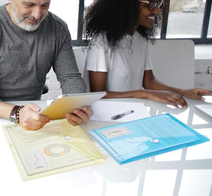 24 Pack Folders Plastic Envelopes, Colorful Plastic File Folders for Document, Letter A4 Size Poly File Envelopes with Label Pocket, Hook & Loop Closure for School Home Work Office Organizer, 6 Colors