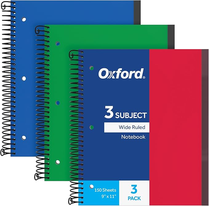 Oxford Spiral Notebook 3 Pack, 3 Subject, Wide Rule, Durable Plastic Covers, Strong Coil, 3 Durable Pockets, 8.5 x 11, 150 Sheets, Red, Green, Blue (89804)