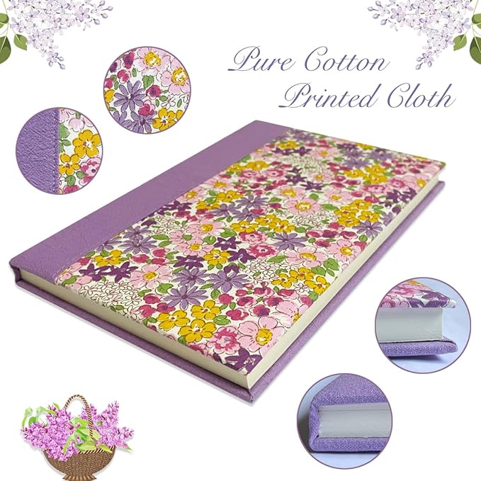 Purple Journal for Women, Floral Notebook, A5, 6x8, Lined Page, Hardcover Notebook, Lay Flat, Flower Printed Cover, Cotton Fabric, Writing Journal, Reading Notebook, Lilac Gifts